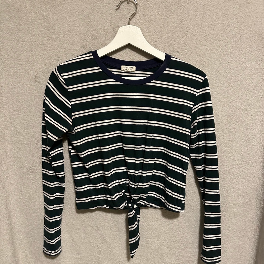 Green and White stripped long sleeve cropped shirt